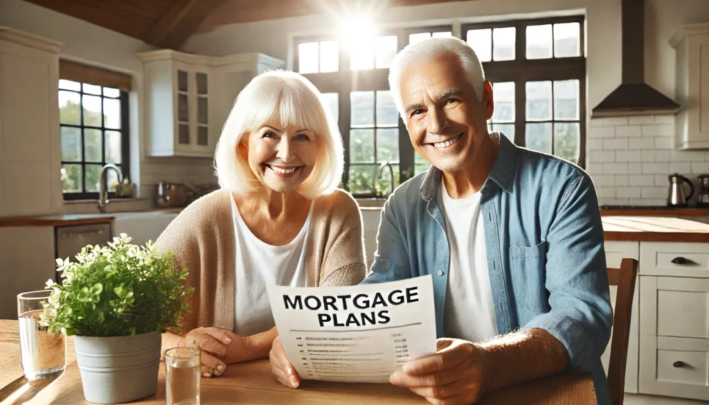 An elderly couple happily reviewing mortgage plans at their bright kitchen table.