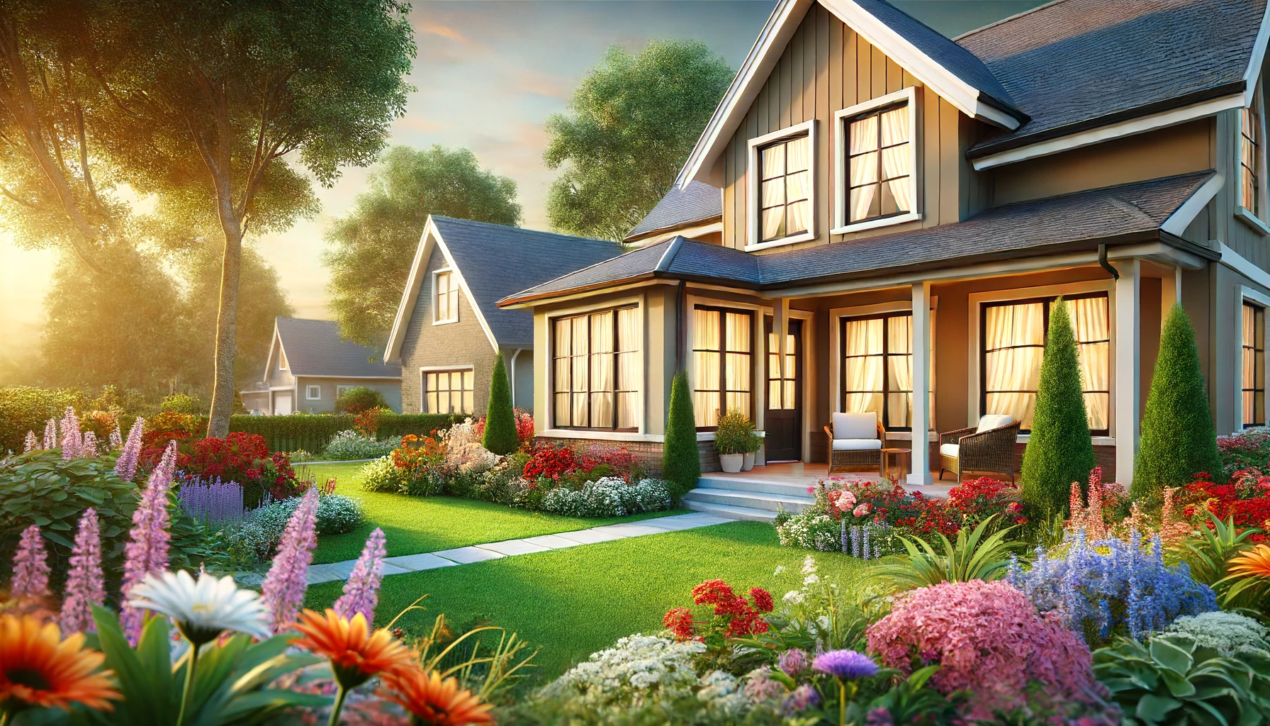 A modern suburban home with a blooming garden, ideal for a peaceful retirement.